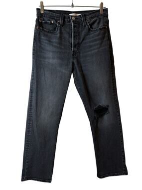 Levis Womens Wedgie Straight High Rise Distressed Button Fly Jeans Black Sz 30